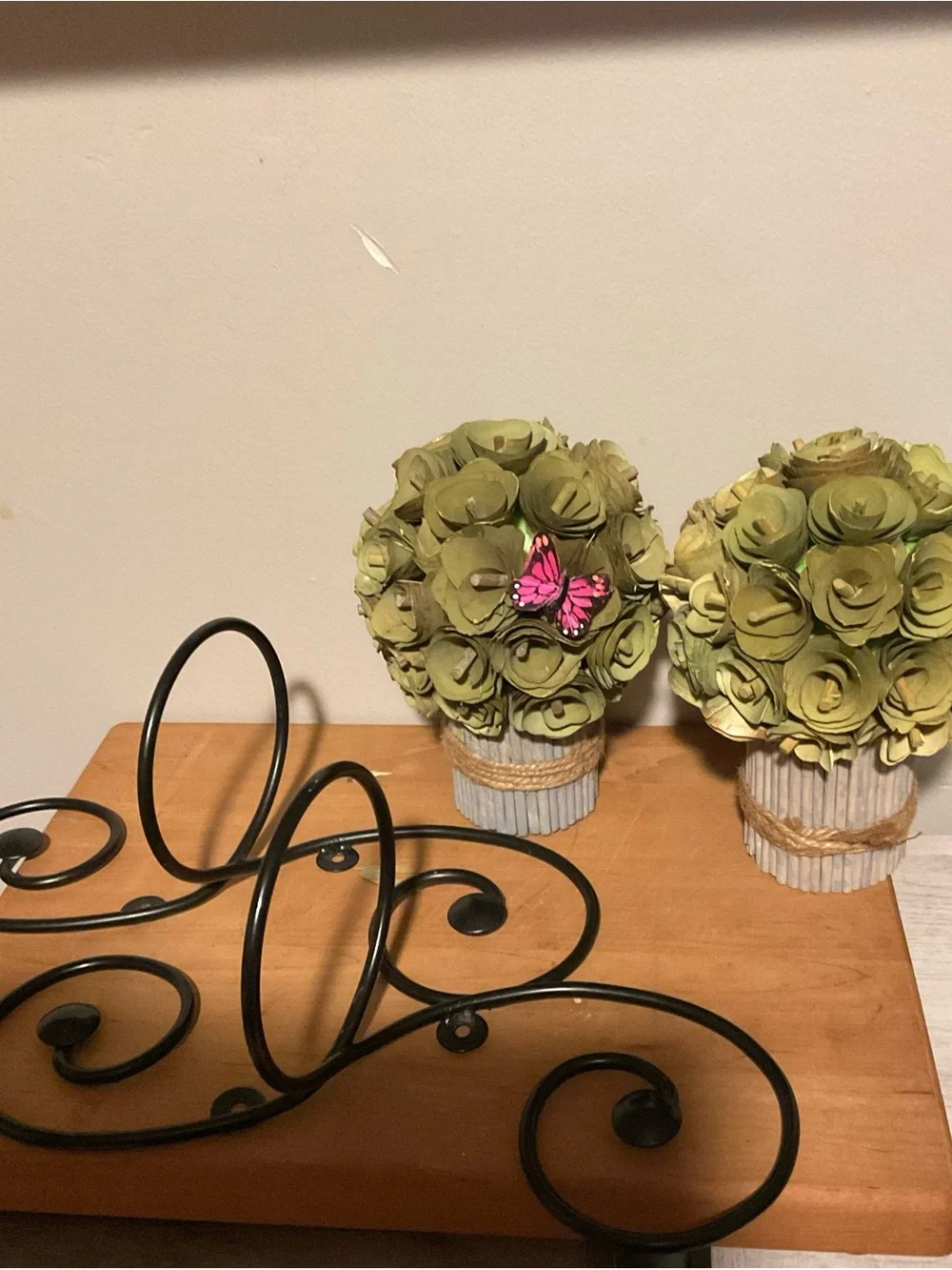 Olive Green Rose Wall Sconce Pair with Twine and Black Scroll Hangers